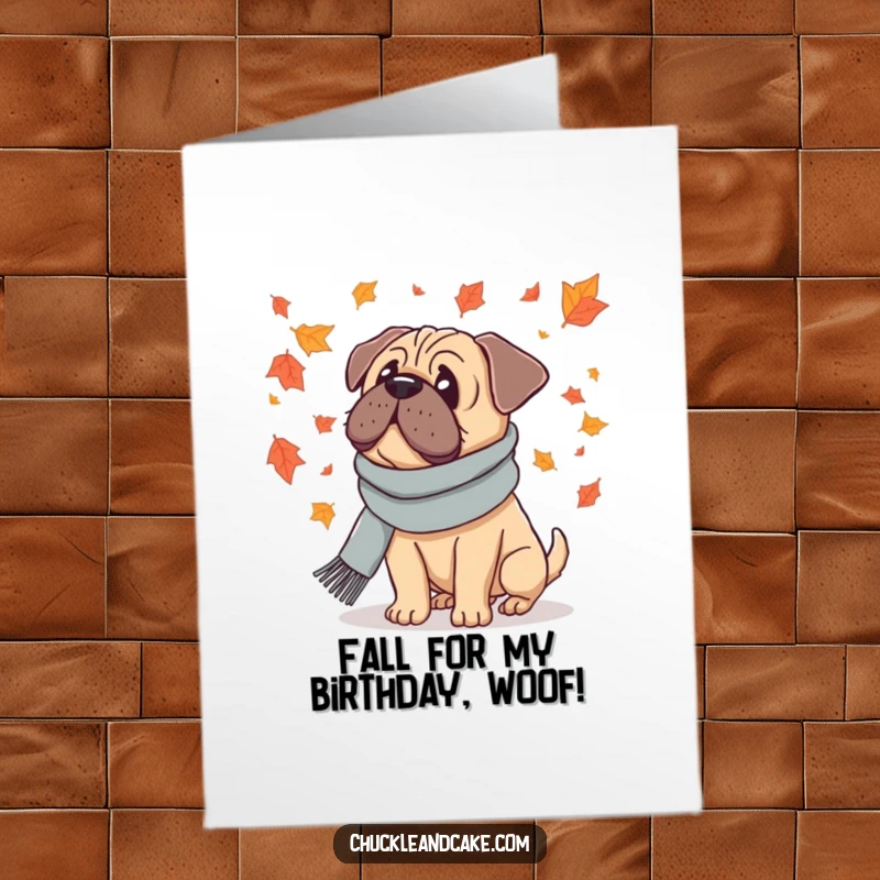 Funny Free Printable Birthday Card: A Bullmastiff in a scarf gazes at falling leaves, wishing a happy, cozy birthday.