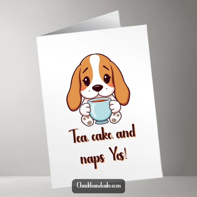Funny Free Printable Birthday Card: A Basset Hound with droopy ears enjoys a warm cup of tea.