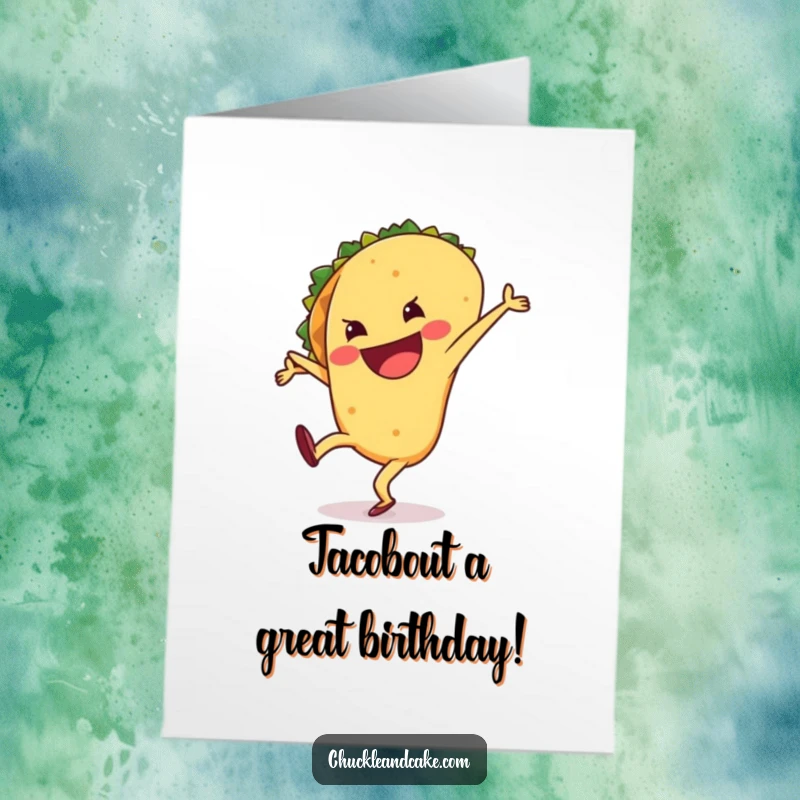 Funny Free Printable Birthday Card: A happy taco with a wide grin, performing a silly cartwheel. Ole!