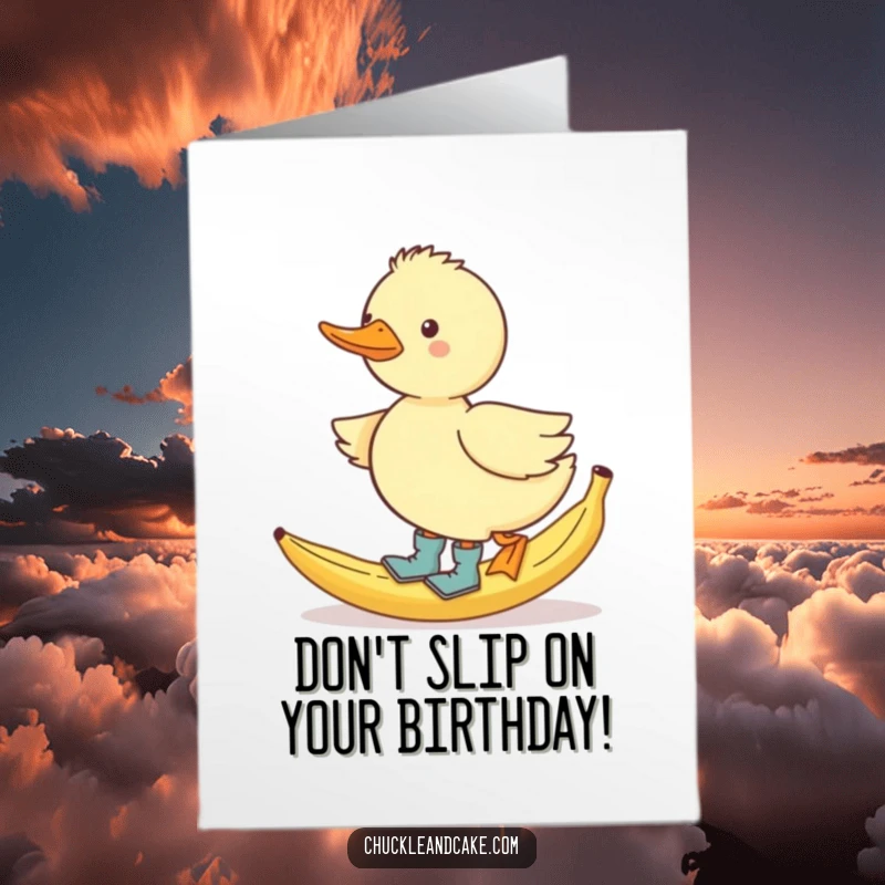 Funny Free Printable Birthday Card: A duck in tiny boots comically slips on a banana peel, creating a birthday chuckle.