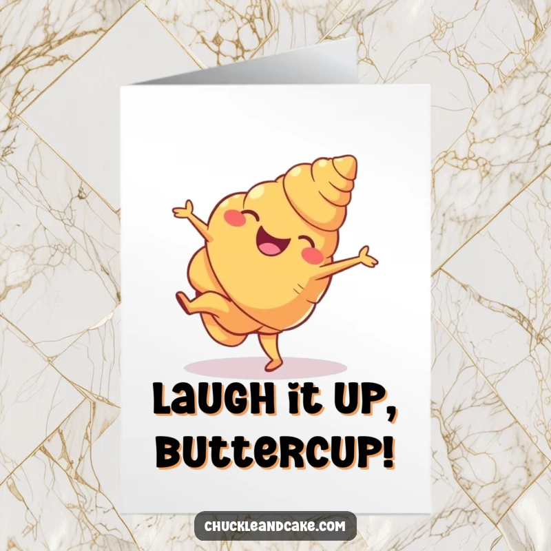 Funny free printable birthday card: Amused croissant performing a celebratory cartwheel with joyful abandon, ready to bring laughter.