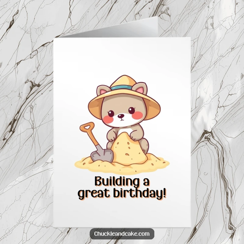 Funny Free Printable Birthday Card: Animal in sun hat building a sandcastle with shovel, having a blast on the beach.