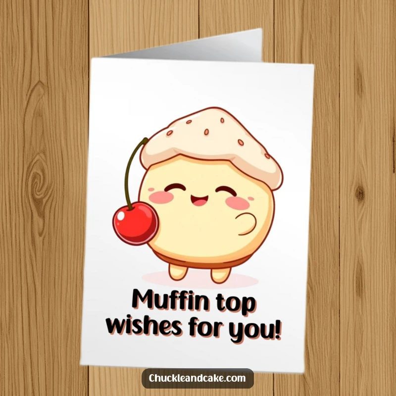 Funny Free Printable Birthday Card: A plump, giggling muffin with rosy cheeks happily bouncing a cherry, bringing birthday cheer.