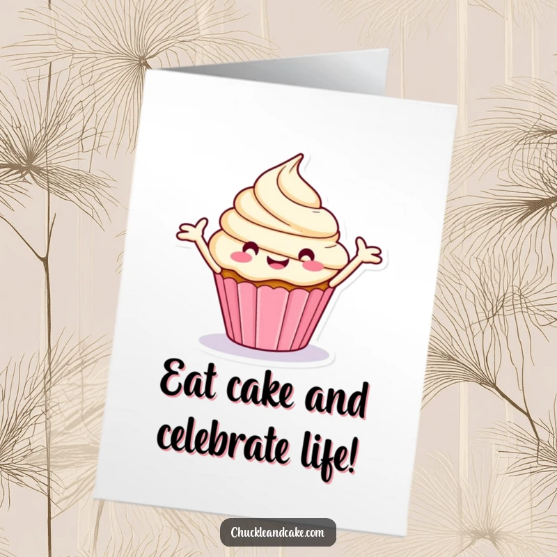 Funny Free Printable Birthday Card: Happy Stylized Cupcake with Outstretched Frosting Arms Spinning Merrily, Full of Birthday Cheer