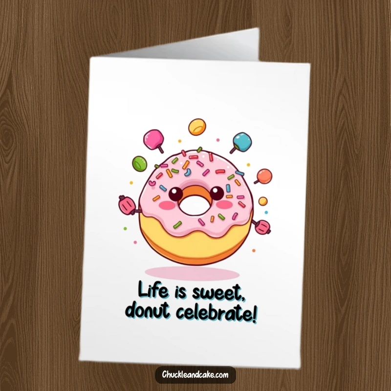 Funny Free Printable Birthday Card: A joyful donut with sprinkles juggling colorful candies. Sweet celebration!