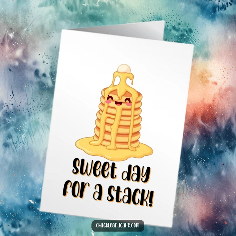 Funny free printable birthday card: Joyful pancake stack gleefully sliding down a viscous syrup waterfall, celebrating a sweet occasion.