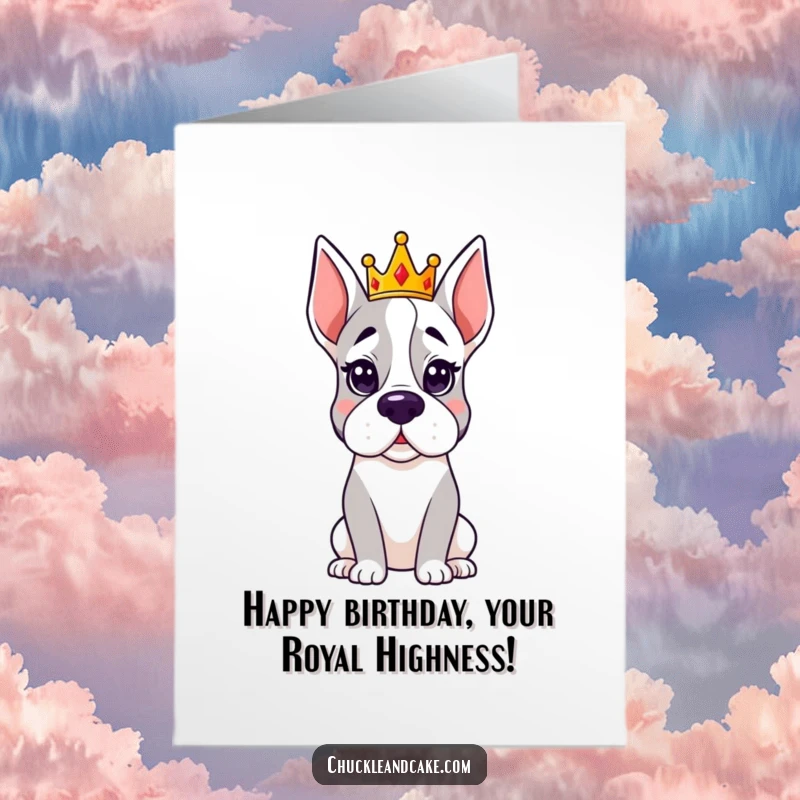 Funny Free Printable Birthday Card: Majestic Grand Dane donning a tiny crown, exuding regal charm and humor.