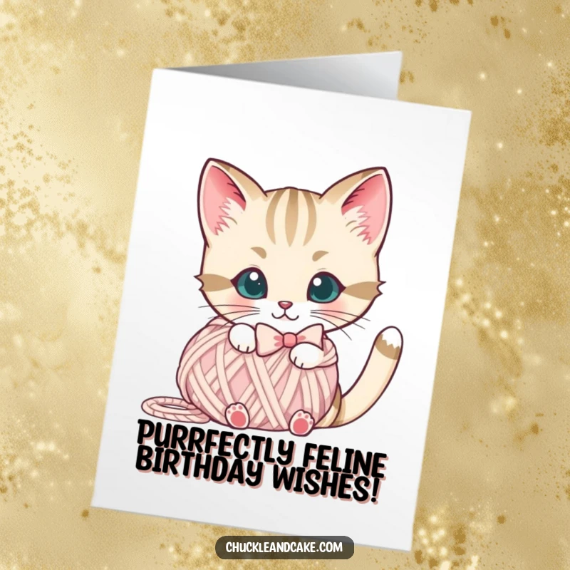 Free Printable Birthday Card: A cute Bobtail cat with a bow peeks from behind a colorful yarn ball.