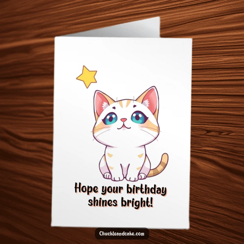 Funny free printable birthday card featuring a cute bobtail cat with big eyes gazing hopefully at a twinkling star.
