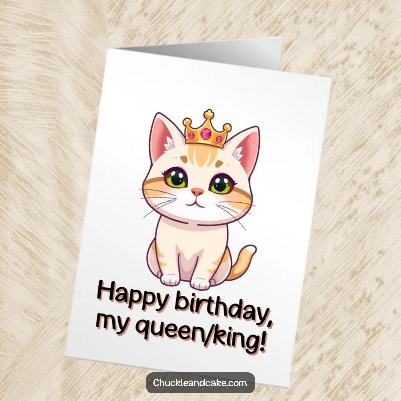 Funny Free Printable Birthday Card: A Bobtail cat wearing a small crown looks regal and ready to celebrate.