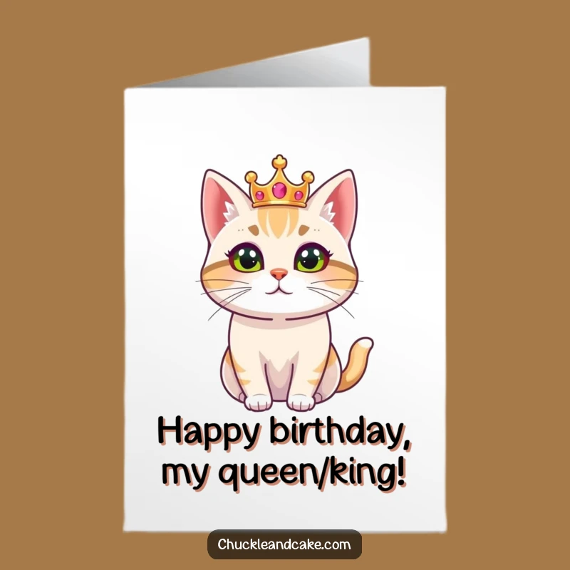 Free Printable Royal Cat Birthday Card: Funny Crowned Bobtail Gift, Instant Download