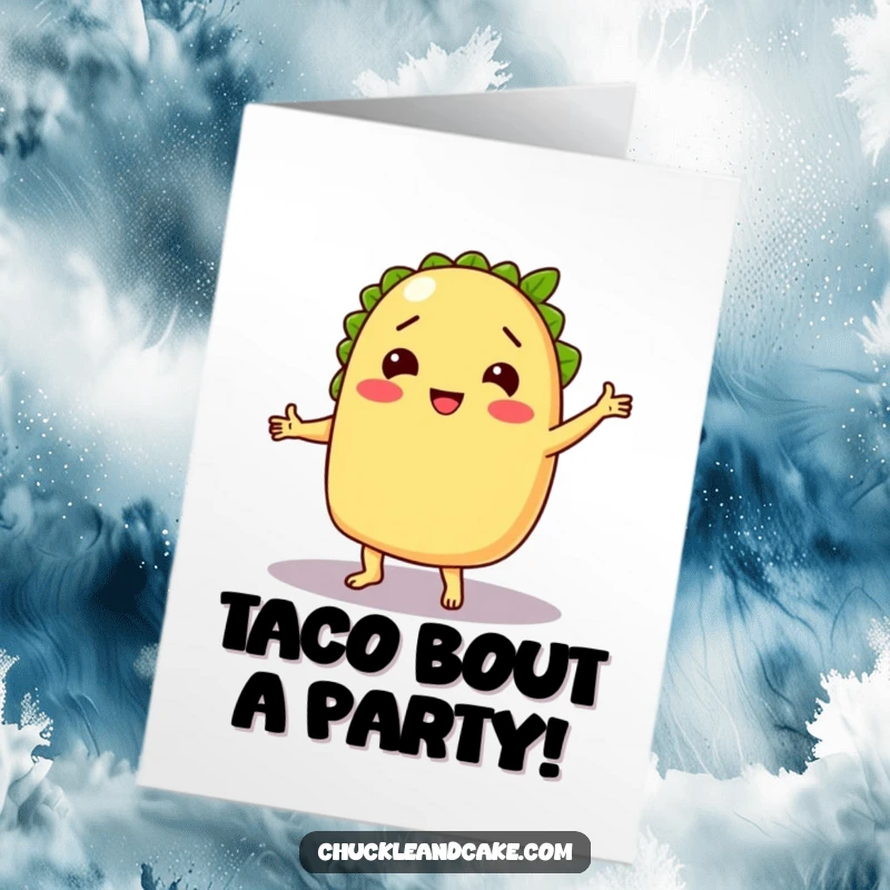 Funny Free Printable Birthday Card: A chuckling taco dances with a lime as a partner, celebrating with festive flair.
