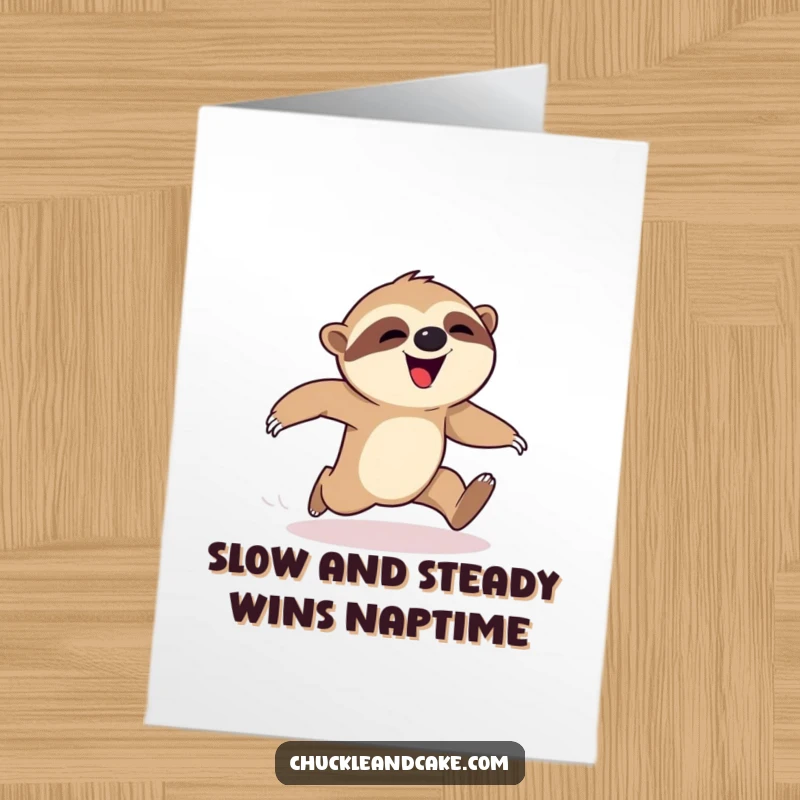 Funny free printable birthday card: A determined but uncoordinated sloth tripping mid-race, embodying birthday effort with comical results.