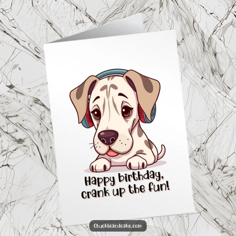 Funny Free Printable Birthday Card: Grand Dane sporting fuzzy ear warmers, deeply engrossed in listening to music, looking cool.