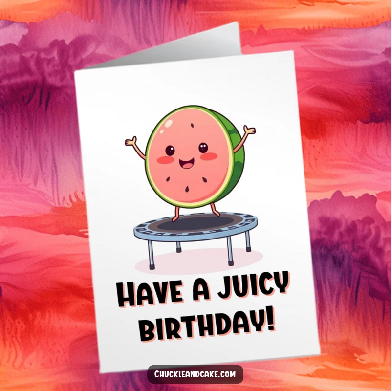 Funny free printable birthday card: A merry watermelon slice enthusiastically bouncing high on a trampoline, celebrating with zest.