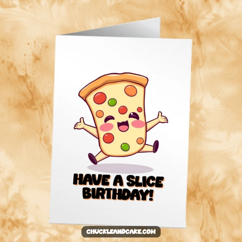 Funny Free Printable Birthday Card: A giggling pizza slice performing a clumsy split. Extra laughs!
