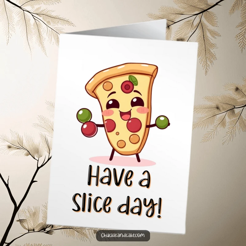 Funny Free Printable Birthday Card: A giggling pizza slice juggles olives with its crust, celebrating with cheesy humor.