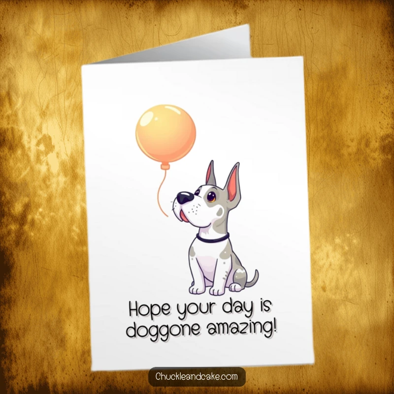 Funny Free Printable Birthday Card: Grand Dane gazes up with awe at a floating balloon, pure childlike wonder.