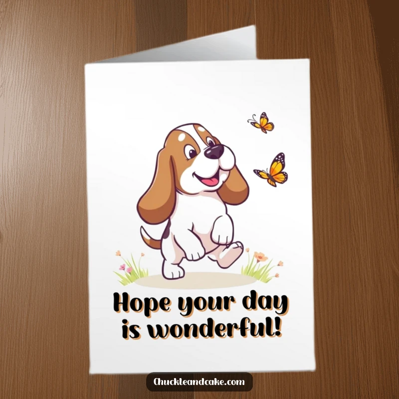 Funny Free Printable Birthday Card: A Basset Hound with comically droopy ears joyfully chases a butterfly, embodying birthday fun.