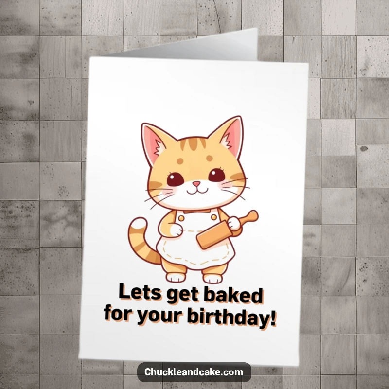Free Printable Birthday Card: A Bobtail cat in an apron holds a rolling pin, ready to bake birthday treats.