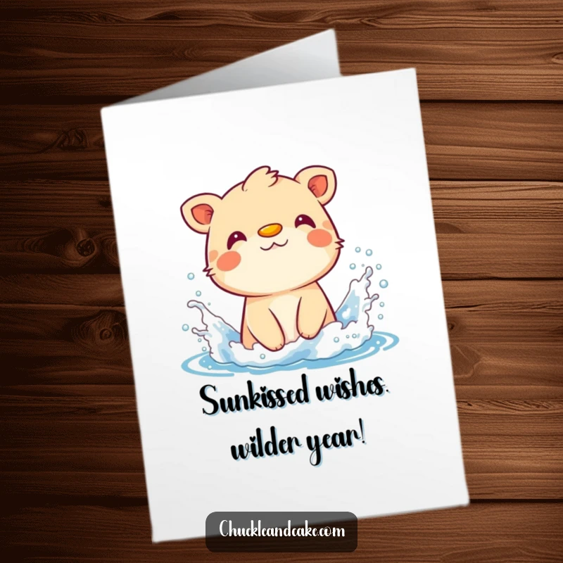 Funny Free Printable Birthday Card: Animal with sunscreen on nose splashing joyfully in ocean waves, ready to celebrate.