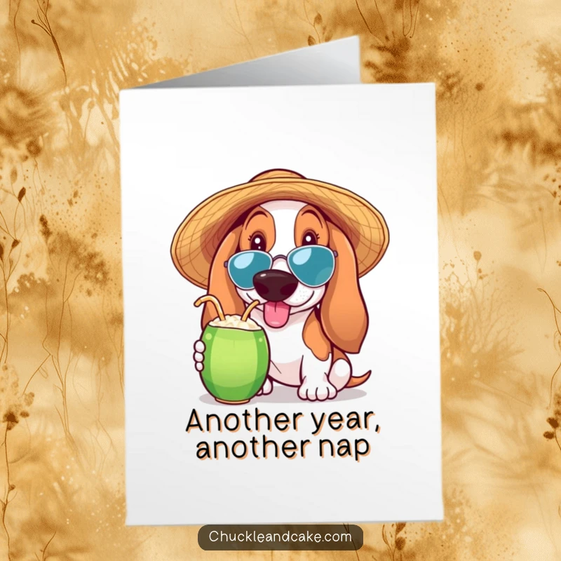 Funny Free Printable Birthday Card: A Basset Hound in a sun hat, joyfully sipping from a coconut drink.