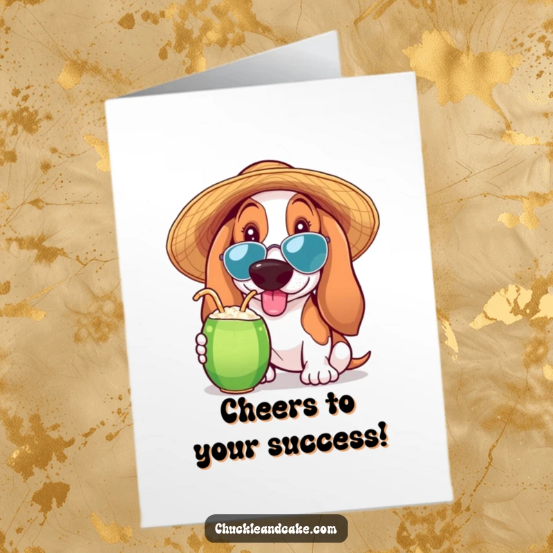 Funny Free Printable Congratulations Card: A Basset Hound sporting a sun hat, happily enjoying a coconut drink.