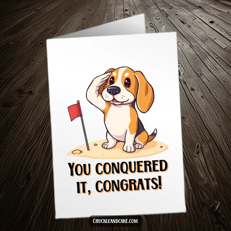 Funny Free Printable Congratulations Card: A Basset Hound salutes smartly with a tiny flag on the sand, celebrating success.