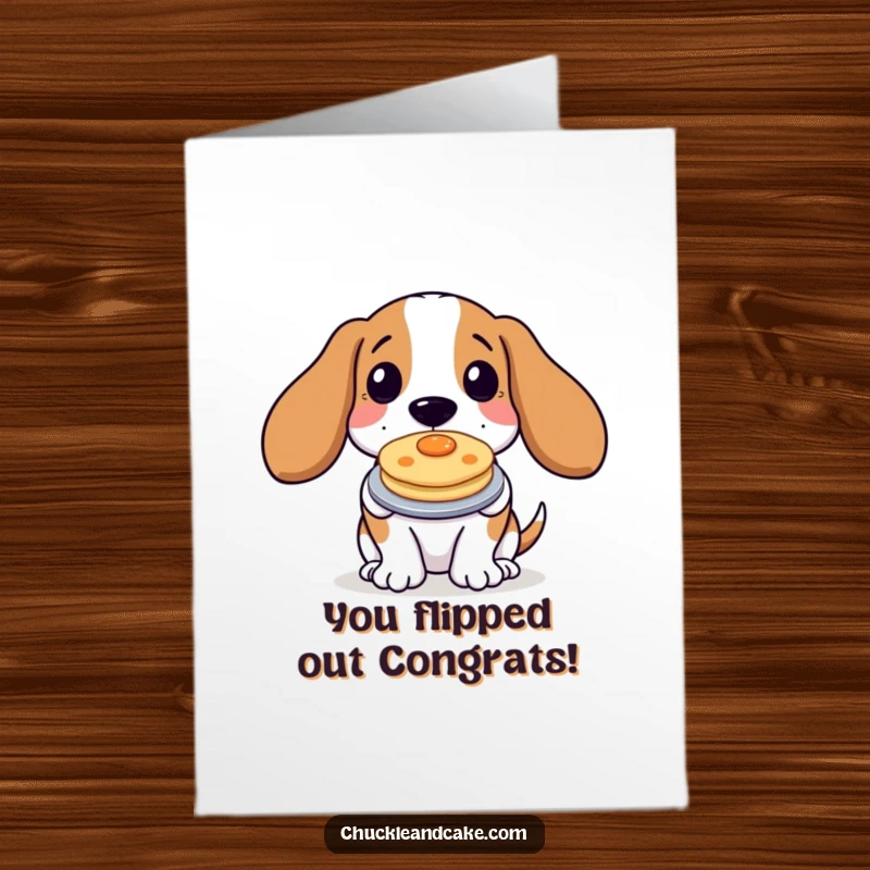 Funny Free Printable Congratulatory Card: Basset Hound proudly presenting a small, tempting pancake, celebrating success.