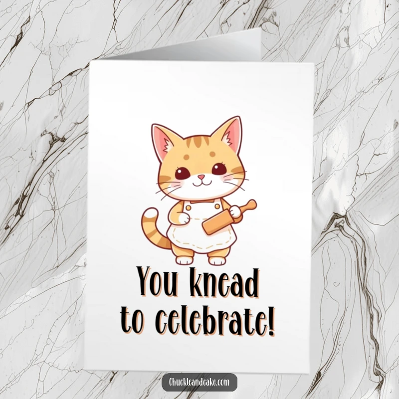 Free Printable Congratulations Card: A Bobtail cat in an apron holds a rolling pin, celebrating success.