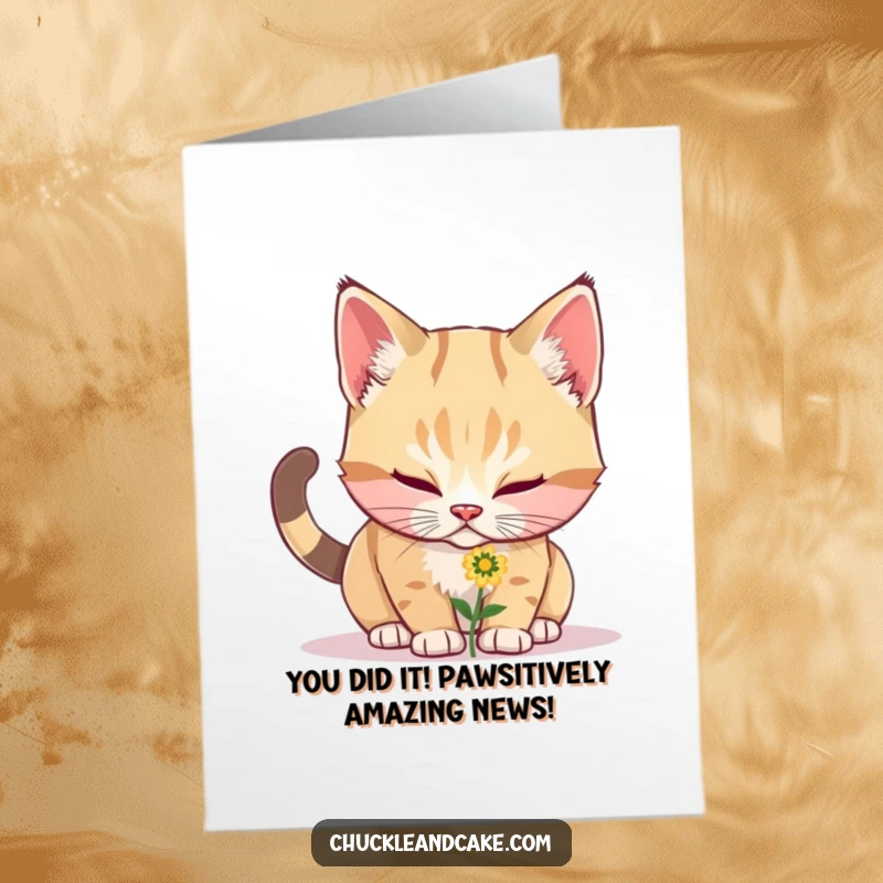 Funny Free Printable Congrats Card: Adorable bobtail cat carefully sniffing a delicate flower, exuding gentle curiosity.