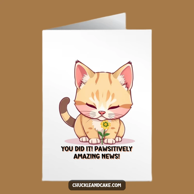 Free Printable Congrats Card: Amusing Bobtail Cat Sniffing Flower, Downloadable