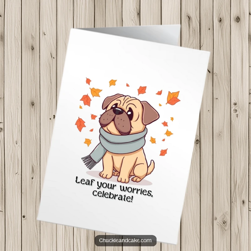Funny Free Printable Congratulations Card: A Bullmastiff wearing a scarf watches falling leaves, celebrating a wonderful seasonal achievement.