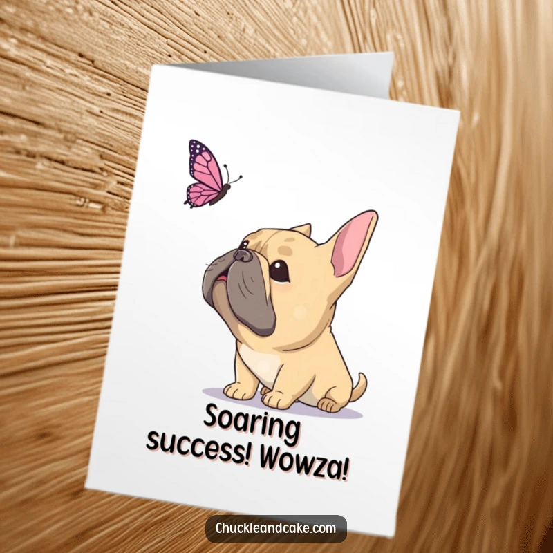 Funny Free Printable Congratulations Card depicting a Bullmastiff looking up with wide-eyed wonder at a floating butterfly, a moment of pure amazement.