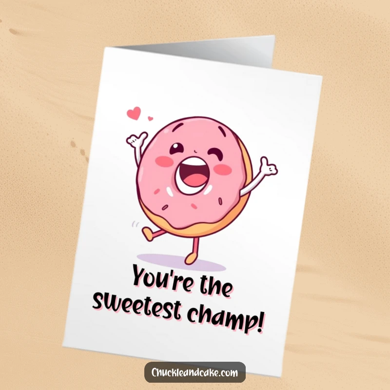 Funny Free Printable Congratulations Card: a happy donut character captured in a whimsical, silly dance move, celebrating success.