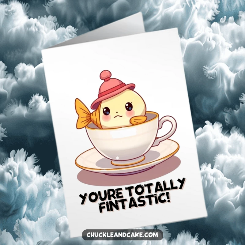 Funny Free Printable Congratulations Card showing a bewildered fish sporting a tiny hat, adrift in a teacup.
