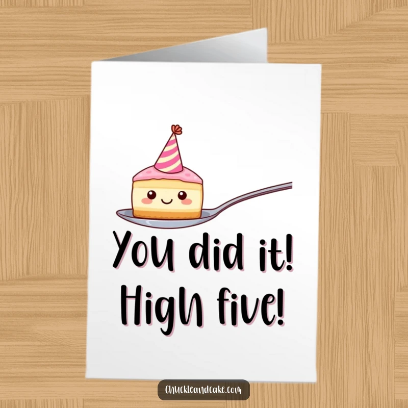 Funny Free Printable Congratulations Card: A cheerful cake slice in a party hat balancing on a spoon, ready to cheer.