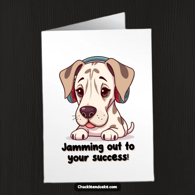 Free Printable Congratulations Card: A Grand Dane wearing ear warmers, eyes closed, radiating enjoyment while listening to music.