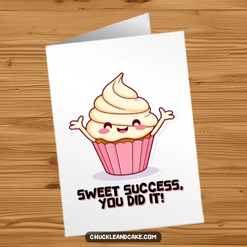 Funny Free Printable Congratulations Card: Stylized Happy Cupcake with Frosting Arms Outstretched Spinning Merrily, Festive and Sweet
