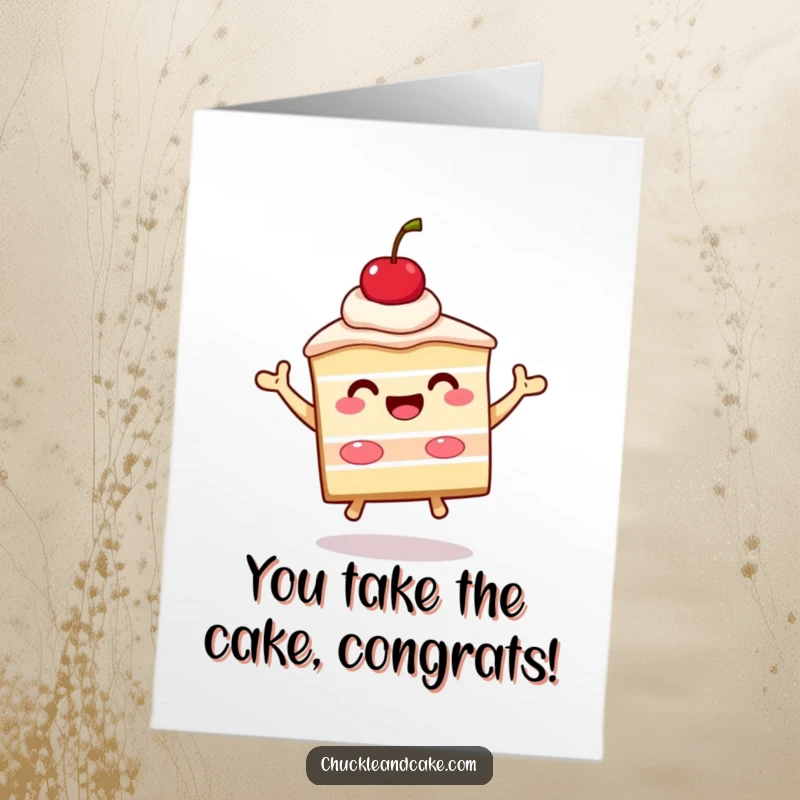 Funny Free Printable Congratulations Card with a beaming cake slice and cherry jumping high.