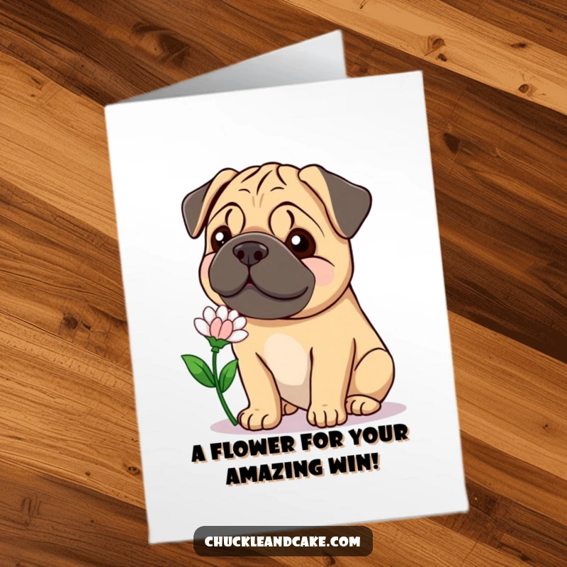 Funny Free Printable Congratulations Card: A smiling Bullmastiff presents a flower, offering warm wishes for their success.