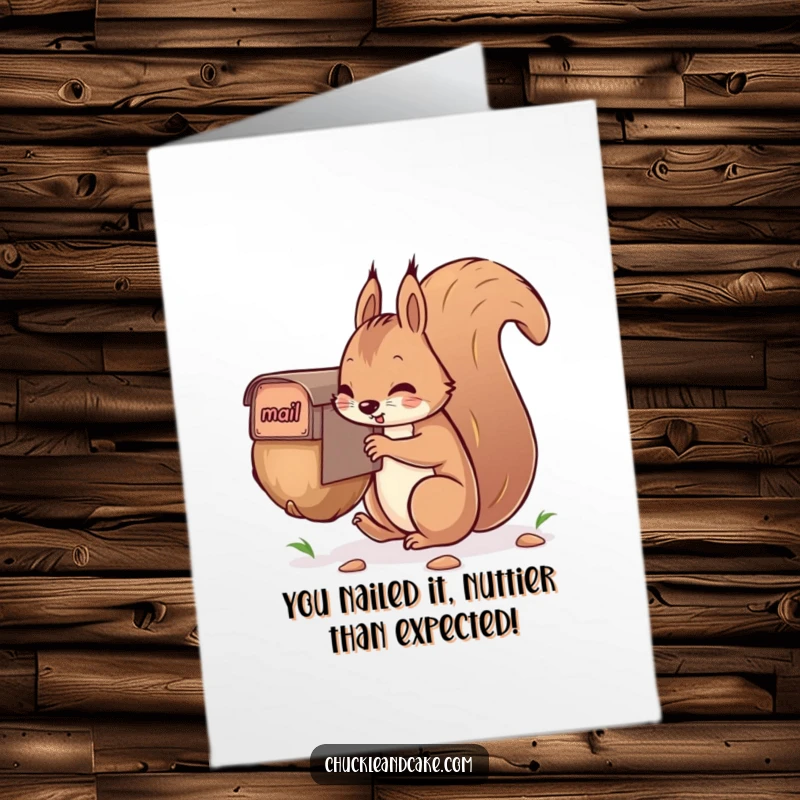 Funny Free Printable Congratulations Card: Squirrel triumphantly mails a colossal nut, celebrating success.