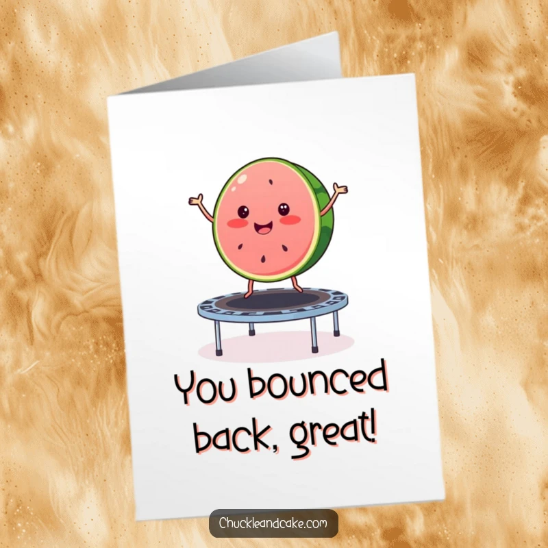 Funny free printable congratulations card: A joyful watermelon slice mid-bounce on a trampoline, exuding excitement for a success.