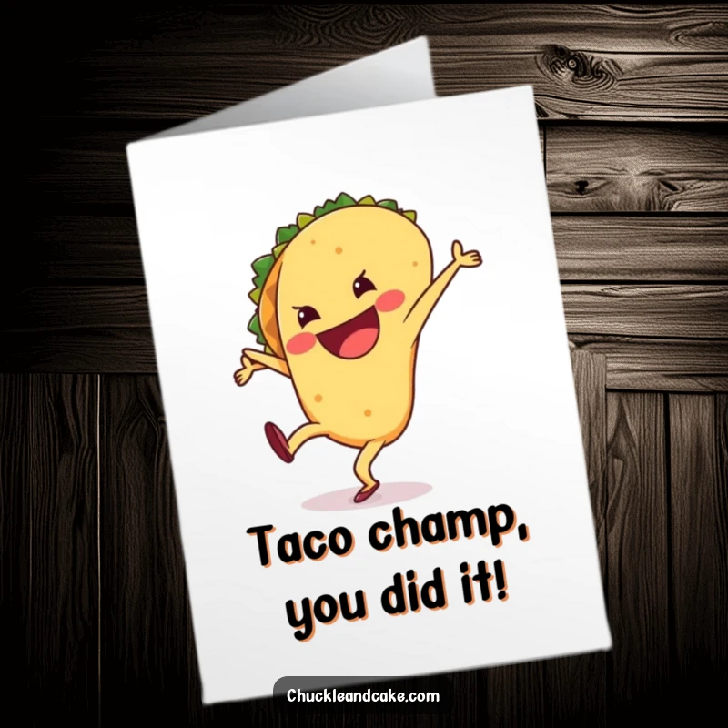 Funny Free Printable Congratulations Card: A happy taco doing a silly cartwheel with a wide grin. Celebrate with flavor!