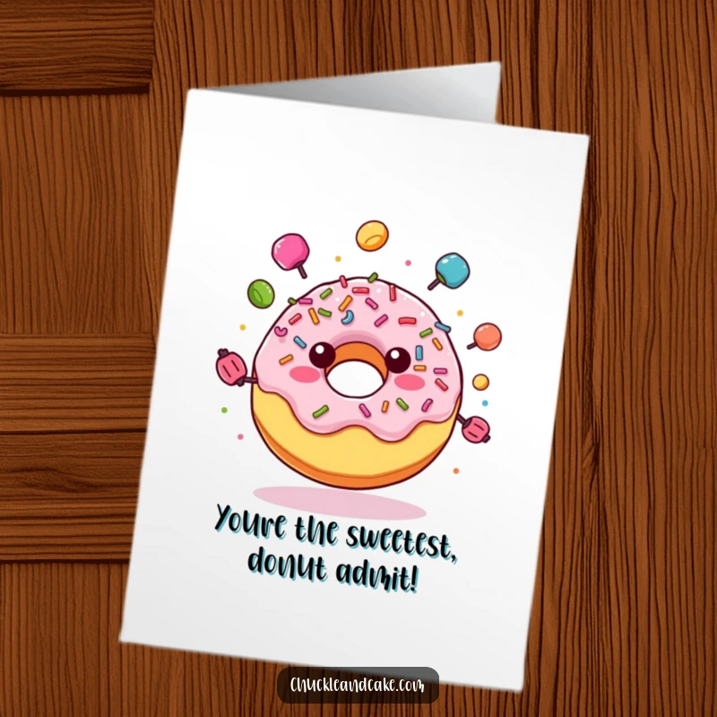 Funny Free Printable Congratulations Card: A happy donut with sprinkles juggling candies. Celebrate with flair!