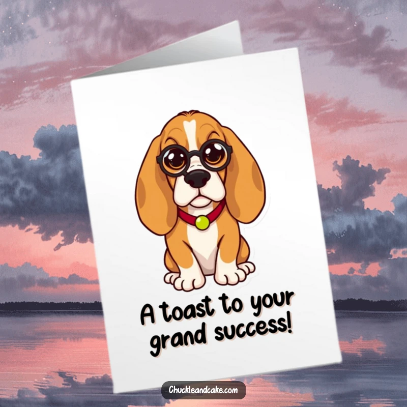 Elegant free printable congratulations card featuring a Basset Hound in a monocle, looking distinguished and ready to celebrate achievements.