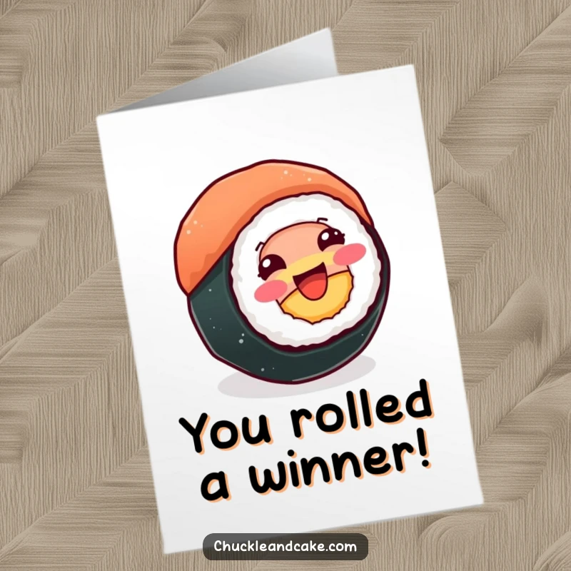 Funny Free Printable Congratulations Card: A beaming sushi roll spins happily on its side, celebrating achievements with a cheerful attitude.