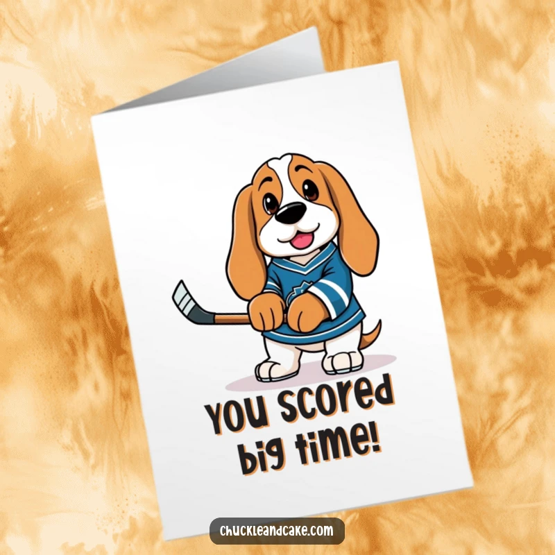Funny Free Printable Congratulations Card: Basset Hound in hockey gear celebrates a win with a tiny stick.