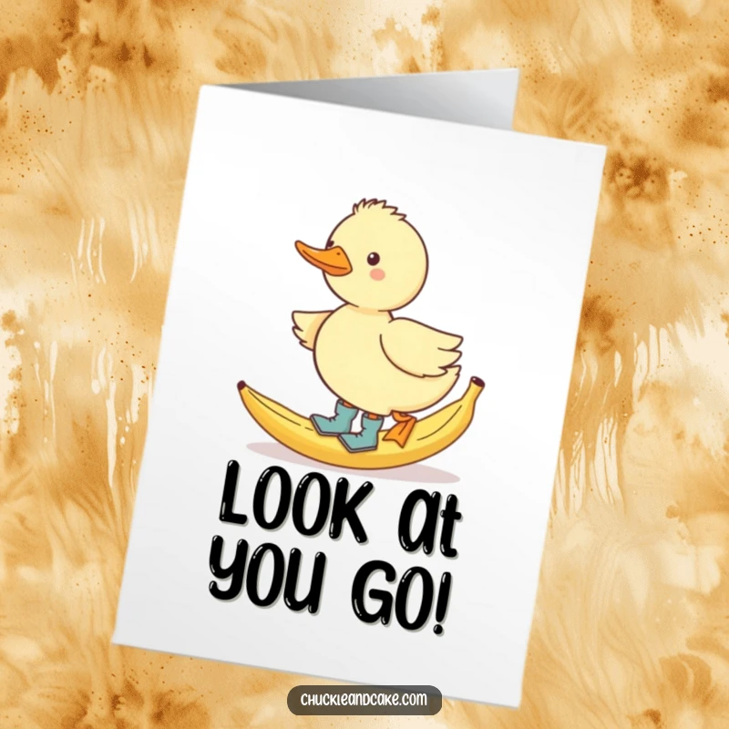 Funny Free Printable Congrats Card: A waddling duck wearing boots hilariously slips on a banana peel, celebrating an unplanned event.