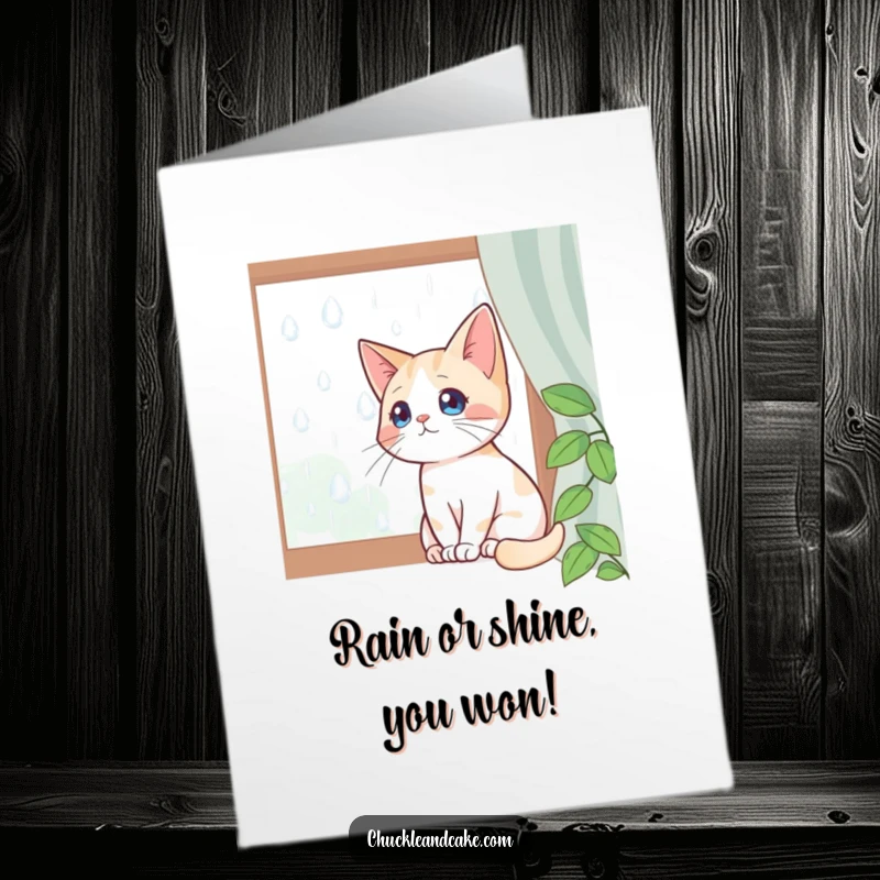Funny Free Printable Congratulations Card: Bobtail cat watches raindrops from a window, a peaceful scene of celebration.